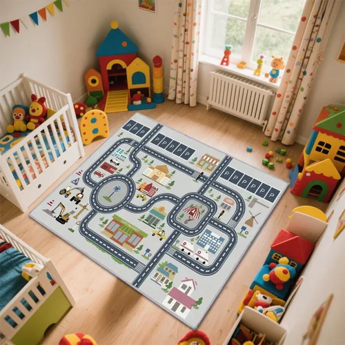Vista 5 de Alfombra para niños de 5 x 7 pies, alfombras de automóvil para autos de juguete para niños, alfombras antideslizantes para niños, alfombras de área