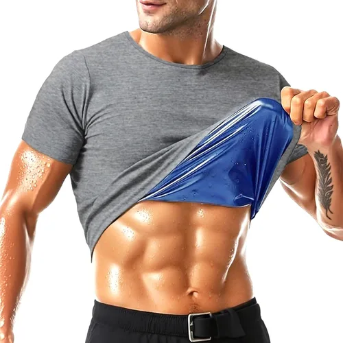 Vista 9 de Camisa de Sauna para Hombres de Manga Corta Traje de Sauna para Hombres Moldeador Corporal de Sudor Chaleco de Compresión Top de Ejercicio