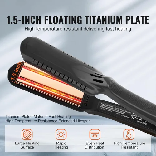 Vista 2 de Happybuy Plancha de pelo de titanio, ¡tu compañero de peinado ideal! Esta plancha de 1.5 pulgadas cuenta con calefacción por infrarrojos, una