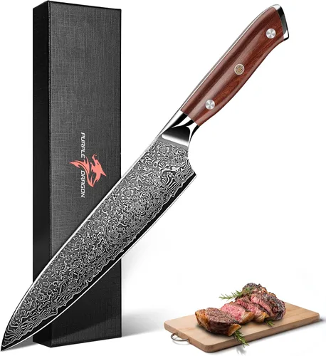 Vista 12 de Juego de 4 cuchillos de carne serrados de Purple Dragon de acero alemán de alto carbono con mango cuadrado de madera - Corte sin esfuerzo - Regalo