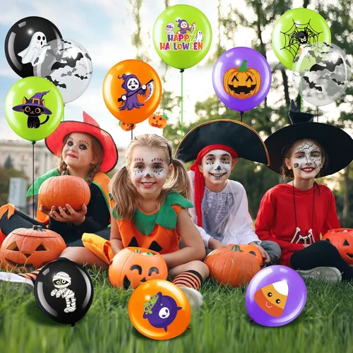 Vista 6 de Decoración de 50 globos de Halloween, adorables globos de látex de calabaza y araña espeluznante, fiesta de primer cumpleaños, suministros de ducha