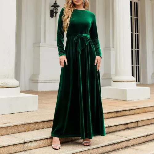 Vista 2 de Vestido largo para mujer, primavera, otoño e invierno, elegante, estilo temperamento, terciopelo dorado, liso, vestido largo para mujer