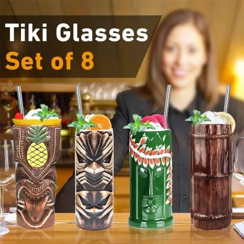 Vista 6 de LINALL Tiki Mugs - Juego de 8 tazas de cóctel de cerámica hawaiana Luau para fiesta, vasos de cóctel exóticos, Tiki Bar profesional hawaiano