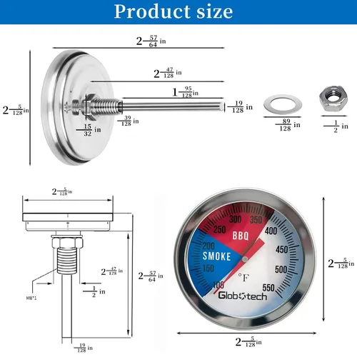 Vista 2 de Termómetro de acero inoxidable para parrilla de barbacoa – Medidor de temperatura de Dail de 2 pulgadas para monitoreo de carbón para parrilla