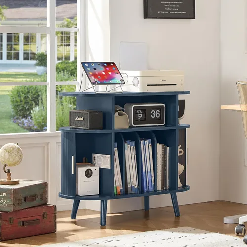 Vista 8 de LELELINKY Soporte redondo grande para tocadiscos con estación de carga y estante de exhibición estriado, gabinete giratorio moderno de mediados