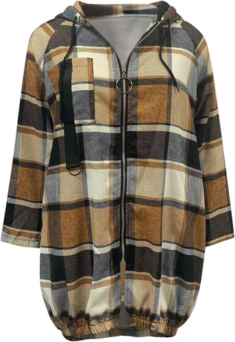 Vista 8 de Camisa estampada a cuadros para mujer, con cremallera, manga larga, con capucha, chaqueta irregular