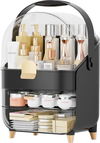 Vista 9 de Organizador de maquillaje para encimera, soporte para cuidado de la piel, organizador de mostrador de baño, caja de almacenamiento, vitrinas