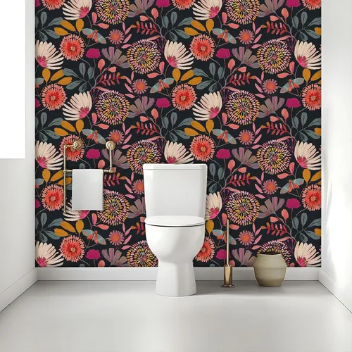 Vista 7 de Papel tapiz floral para despegar y pegar, extraíble, impermeable, azul marino/rosa/naranja, papel de contacto para dormitorio, baño, pared