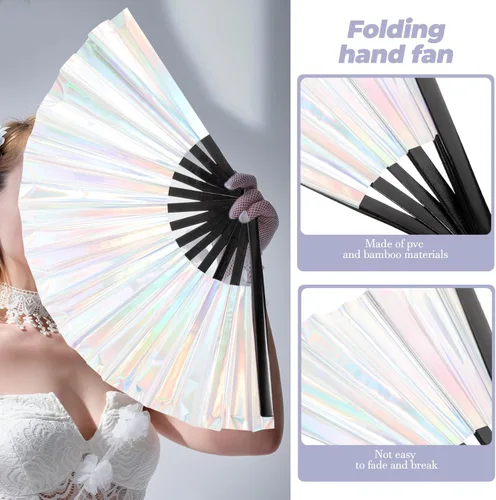 Vista 9 de EXCEART Abanico plegable para rave, ventilador de mano plegable holográfico chino japonés de bambú para festivales de Halloween, fiestas