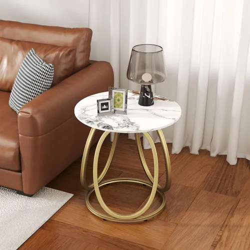 Vista 8 de O&K FURNITURE Mesa auxiliar dorada para sala de estar, mesa auxiliar redonda con piedra de mármol, mesita de noche con marco de metal