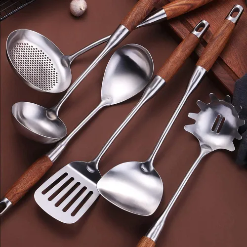 Vista 3 de 6 utensilios de cocina de acero inoxidable – Juego de herramientas de cocina con mango Hua Limu resistente al calor con cuchara ranurada, servidor