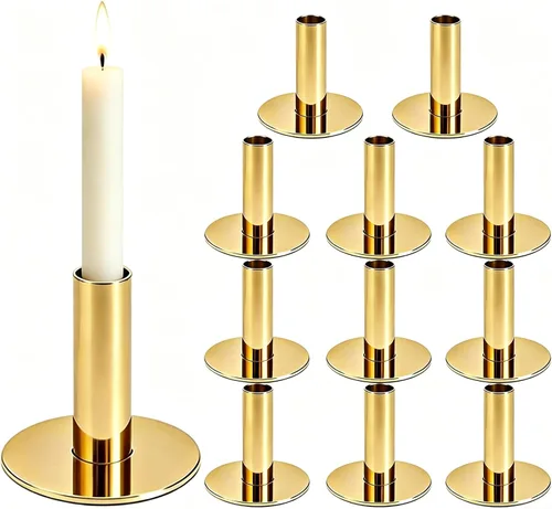 Vista 9 de Paquete de 4 portavelas cónicos dorados, portavelas de metal resistente para centro de mesa de boda, soporte rústico para mesa de comedor, mantel