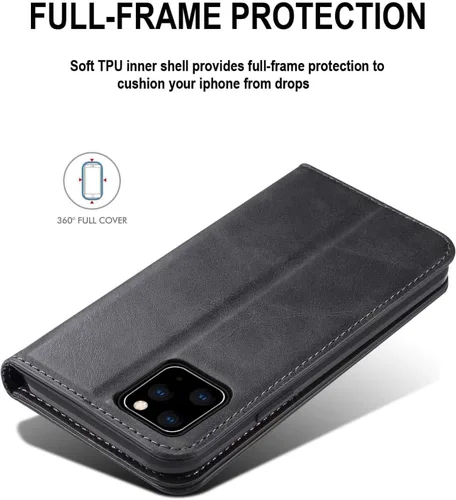 Vista 5 de SINIANL Funda tipo cartera para iPhone 12/12 Pro con tarjetero, funda plegable de cuero con función atril y cierre magnético para 6.1 pulgadas, Negro