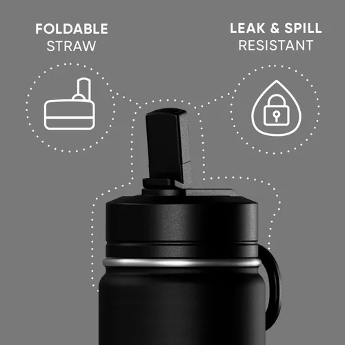 Vista 2 de Hydrapeak Mini botella de agua de 14 onzas con tapa con popote, botella de agua aislada de doble pared de acero inoxidable Botella de agua a Negro
