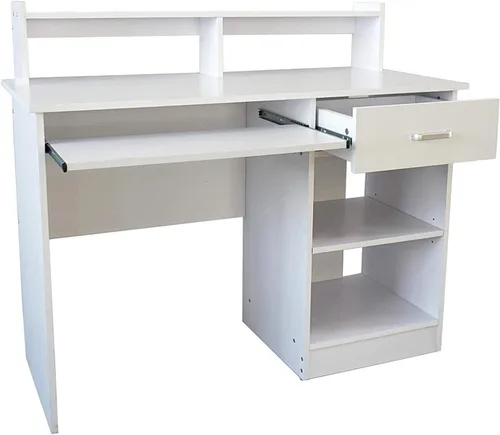 Vista 5 de Escritorio para computadora con estante con cajón, bandeja extraíble para teclado, escritorio de oficina en casa de almacenamiento grande de 43