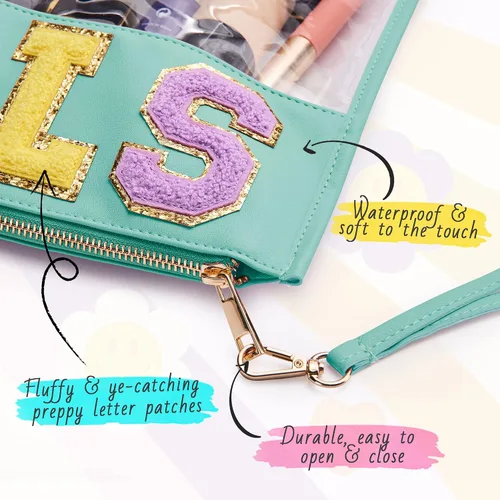 Vista 3 de Bolsa con letras de chenilla para viajes, A-Verde menta, Bolsa de maquillaje transparente a
