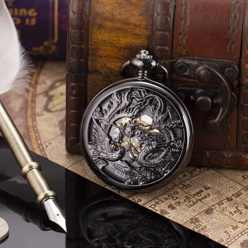 Vista 4 de ManChDa Relojes mecánicos de bolsillo grabados con esqueleto de doble cubierta con números romanos, esfera personalizada con caja y cadena