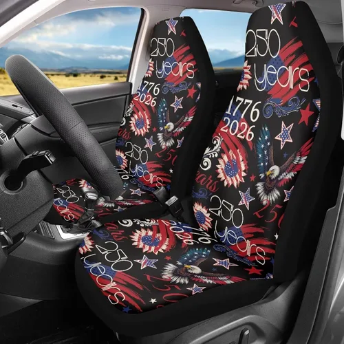 Vista 2 de ELEQIN 250 fundas de asiento delantero de automóvil con bandera patriótica estadounidense, paquete de 2 protectores de asiento de poliéster suaves