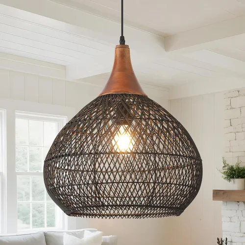 Vista 10 de Luces Colgantes Bohemias, Candelabro de Ratán de 1 Luz de 15.7", Luz Colgante de Mimbre Tejida a Mano con Pantalla de Jacinto de Agua, Luz Colgante