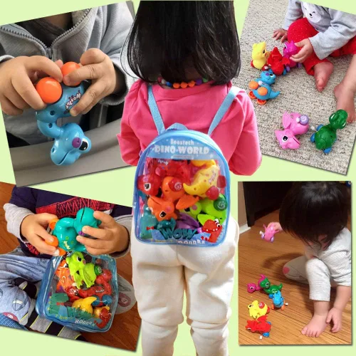 Vista 5 de Beestech Juguetes de dinosaurio de cuerda para niñas de 3, 4, 5, 6 años Suministros de fiesta de cumpleaños de dinosaurios, con mochila