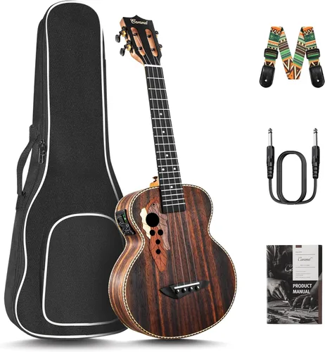 Vista 9 de Caramel Ukulele Eléctrico Tenor CT204 de Madera de Acacia Totalmente Maciza de 26 Pulgadas, Kit Profesional de Ukulele para Principiantes, Paquete