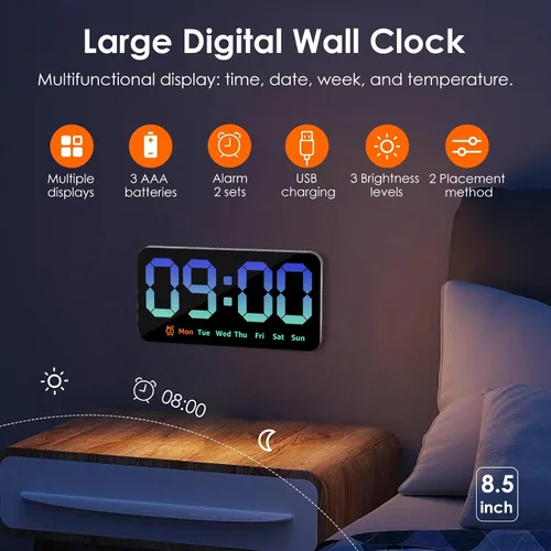 Vista 3 de Reloj de pared digital con atenuador de brillo de pantalla grande, reloj de pared digital LED con pantalla RGB, pequeño reloj de pared para sala