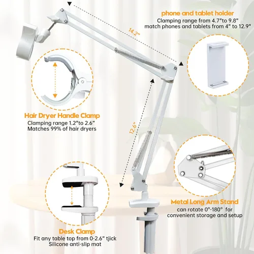 Vista 6 de Soporte blanco para secador de pelo de perro, soporte giratorio de 360° con abrazadera ajustable para secadores de pelo, soporte 3 en 1 para secador