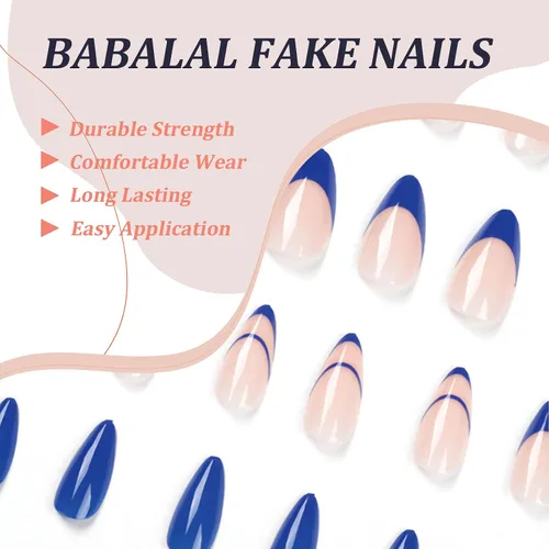 Vista 5 de BABALAL Uñas postizas a presión de almendra, uñas postizas de longitud media, uñas acrílicas brillantes, color azul, francesas, con pegamento, 24