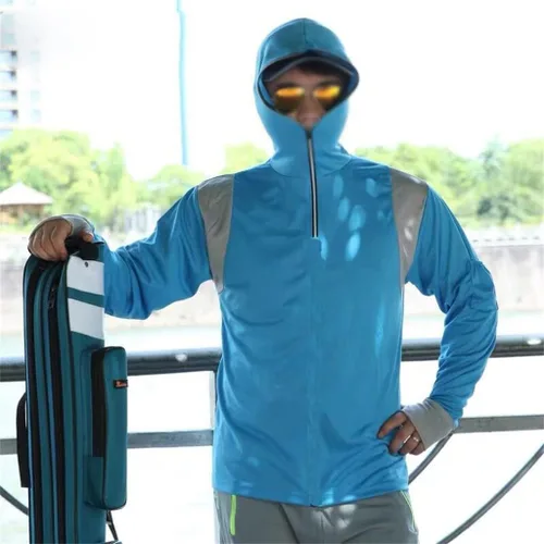 Vista 3 de ygqzm - Ropa de pesca transpirable con protección solar para hombre, de secado rápido, de manga larga, con capucha (color azul, talla L)