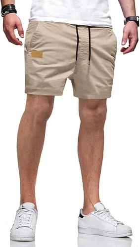 Vista 17 de JMIERR Pantalones cortos casuales de algodón con cordón de verano para la playa de sarga elástica chino golf corto con bolsillos Beige