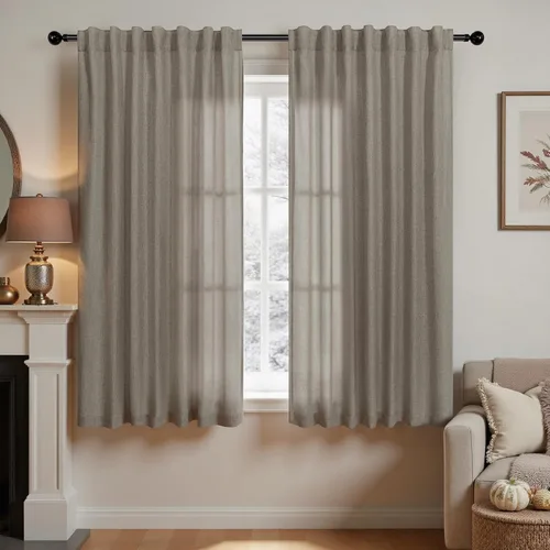 Vista 69 de Cortinas rústicas color beige tostado de 42 x 84 pulgadas de largo para sala de estar, juego de 2 paneles transparentes de lino natural, imitación