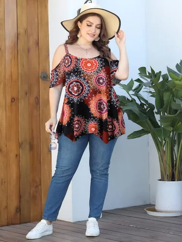 Vista 7 de LARACE Blusas de Hombros Descubiertos para Mujeres Ropa de Verano Tirantes Espagueti Túnica Camisas Holgadas Asimétricas Talla Grande Blusa