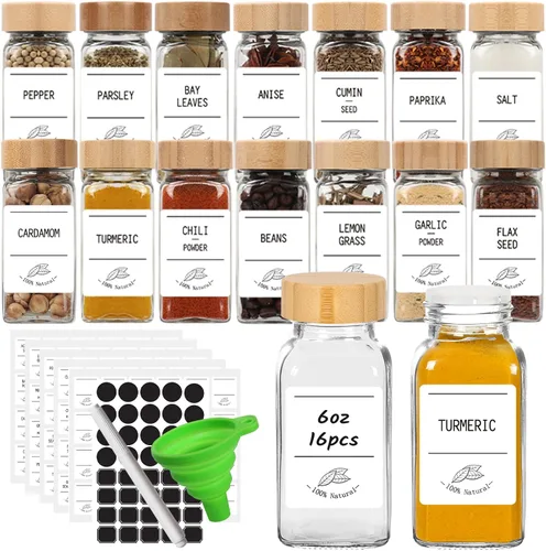Vista 9 de Tarros de especias de vidrio de 4 onzas con tapas de bambú, paquete de 16 botellas de especias 120ml Seasoning Containers Empty Spice Jars with