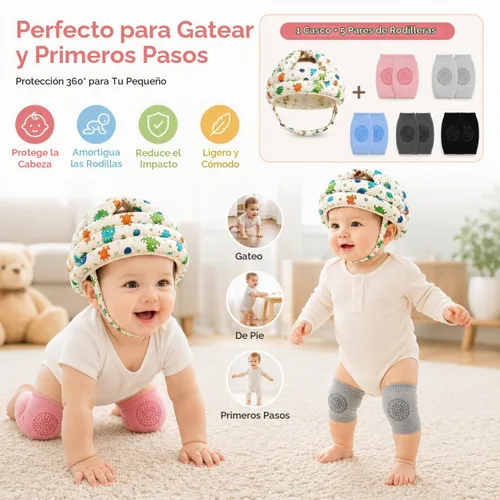 Vista 5 de Juego de protectores de cabeza y rodilleras para bebé, casco de bebé suave y ajustable para gatear, gorra de protección de cabeza infantil con 5