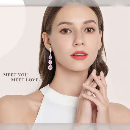 Vista 3 de LMXXVJ Juego de collar y aretes largos, chapados en oro blanco, juego de joyas de zafiro azul creado, joyería de regalo para boda, fiesta, joyería