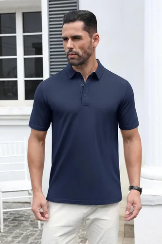 Vista 4 de MAGCOMSEN Camisas polo de manga corta para hombre, de algodón, piqué de 3 botones, ajuste clásico, informal, camisetas de golf