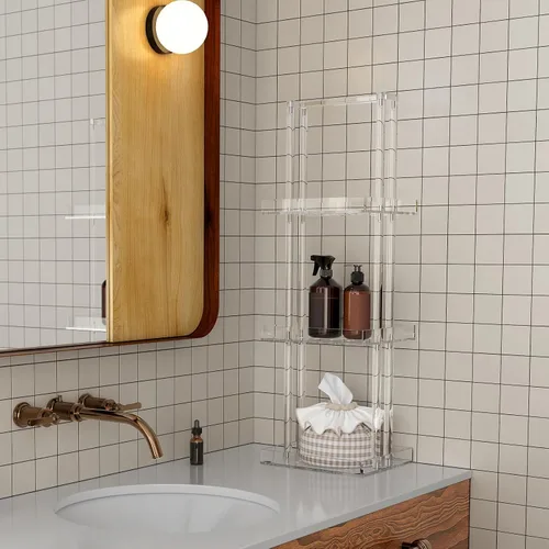 Vista 8 de Aquiver Organizador de ducha de acrílico de pie, soporte organizador de ducha de 3 niveles con asa, organizador de ducha esquinero para baño