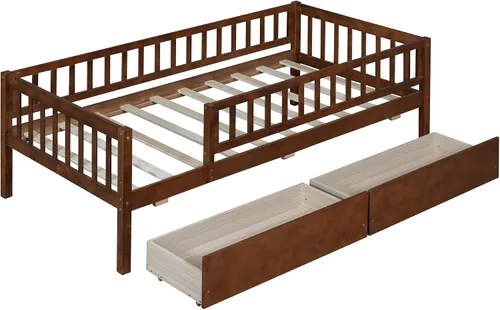 Vista 4 de Merax Sofá cama de tamaño individual con cajones, marco de cama individual de madera, no necesita somier, nogal Nuez(cajones)
