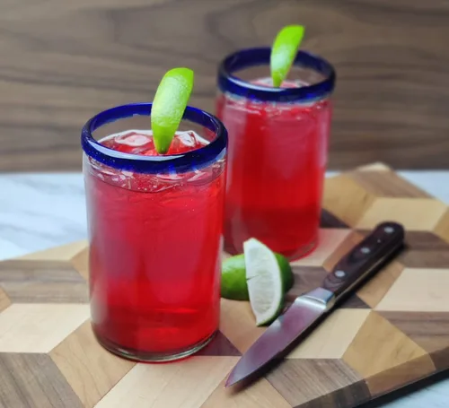 Vista 6 de Dos Sueños Vasos mexicanos soplados a mano, juego de 6 vasos con bordes azul cobalto (14 onzas cada uno)