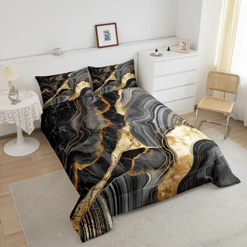 Vista 3 de Juego de edredón de mármol negro individual, ropa de cama dorada agrietada para adultos, hombres y mujeres, juegos de edredón de textura metálica