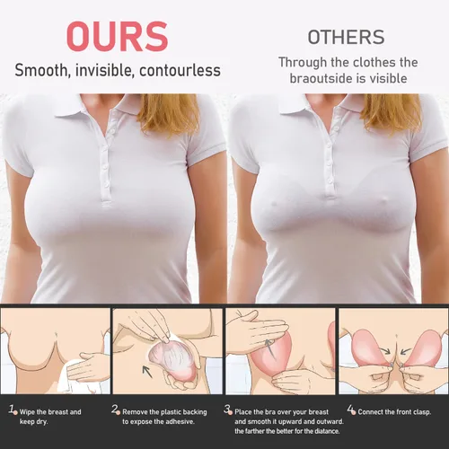 Vista 5 de Sujetador adhesivo Push Up Lift adhesivo sin tirantes, invisible, reutilizable, silicona fuerte adherencia, V profundo para mujeres y niñas, Desnudo