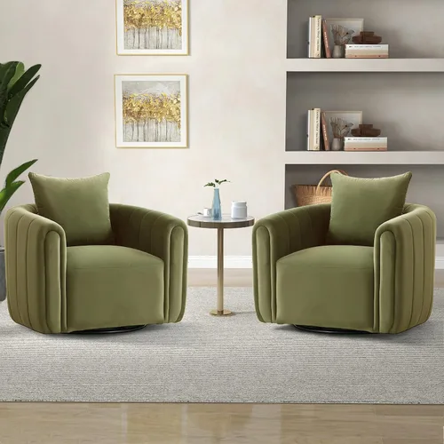 Vista 13 de ANJ Silla giratoria decorativa, silla de barril de terciopelo para sala de estar, cómodo sillón moderno, completamente montado (beige)