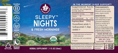 Vista 2 de WishGarden Herbs Sleepy Nights Suplemento de hierbas para dormir, pasiflor, lúpulo y Scullcap, gotas naturales para ayudar al sueño, apoya el ciclo