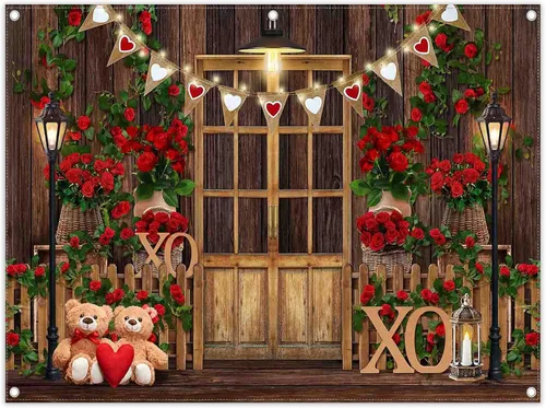 Vista 9 de Telón de fondo de fotografía de poliéster para el día de San Valentín, 7 x 5 pies, diseño de rosa roja, fondo de madera, corazón, oso, amor