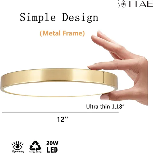 Vista 3 de SOTTAE Lámpara de techo LED de metal dorado cepillado de 12 pulgadas, 3000-5000 K, 20 W, delgada, redonda, moderna, de perfil bajo, para dormitorio