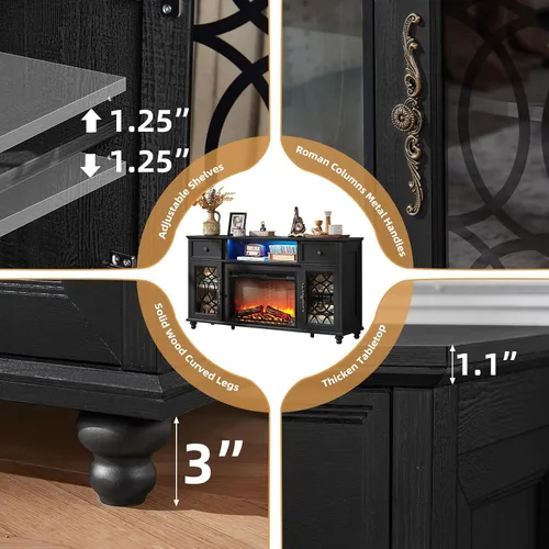 Vista 6 de Joaxswe - Soporte de TV estilo rústico con chimenea, centro de entretenimiento de 59 pulgadas con chimenea eléctrica y luces LED para televisores