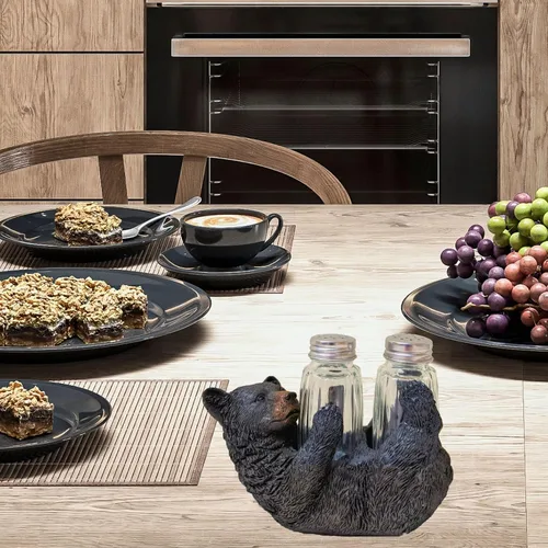 Vista 4 de Juego de saleros y pimenteros rústicos de oso negro en la parte posterior, accesorio decorativo de resina y vidrio para mesa de cocina, decoración