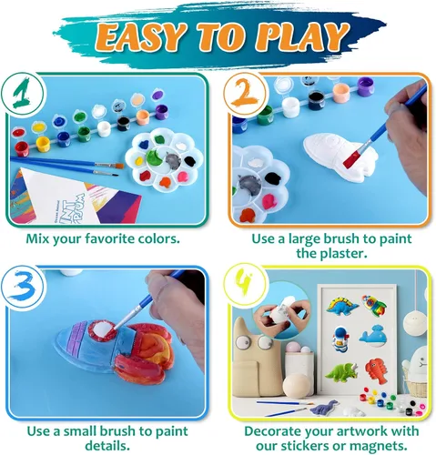 Vista 7 de Juboury Kit de manualidades para niños, pintura en yeso, juego de arte para pintar tu propio espacio, dinosaurios y figuras de vida marina, kit