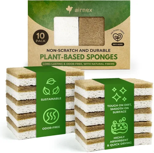 Vista 9 de AIRNEX Esponjas de Cocina Naturales Biodegradables Paquete de 6 - Esponja Raspadora de Celulosa y Fibra de Coco - Esponjas Ecológicas para Platos