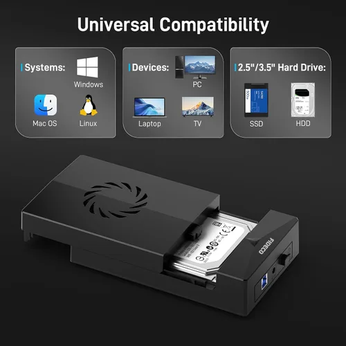 Vista 7 de FIDECO Caja de disco duro para disco duro SATA HDD SSD de 3,5 o 2,5 pulgadas, adaptador SATA a USB con ventilador de refrigeración, carcasa externa